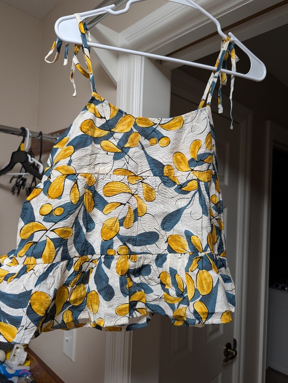 Floral Tie-Shoulder Peplum Tank Top - Yellow & Blue